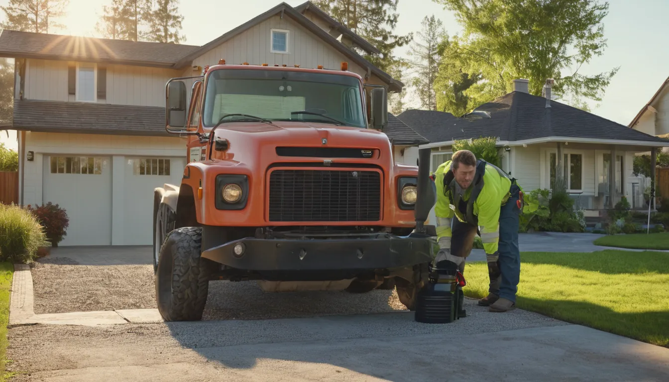 Septic service truck parked near a home in Gary while a provider checks the tank lid